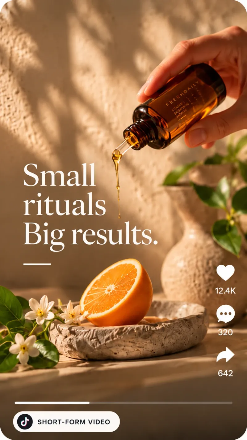 Short-form video of a serum poured over oranges